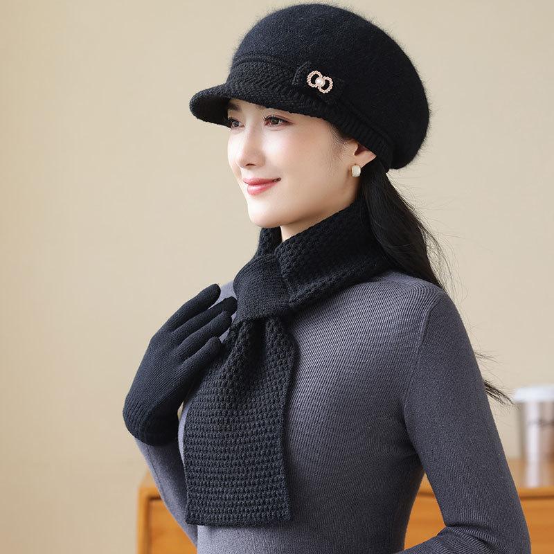 Old Lady Rabbit Fur Warm Knitted Hat Female Mother Plus Fleece Basin Hat Grandma Wind and Cold Scarf Glove Hat