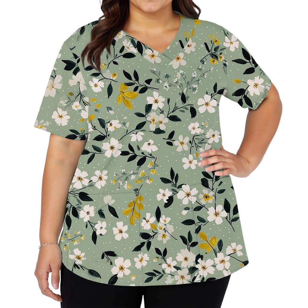 Women's Fashionable V-neck Short-Sleeved Work Top With Double Side Slits And Pockets, Featuring A Retro Floral Print.