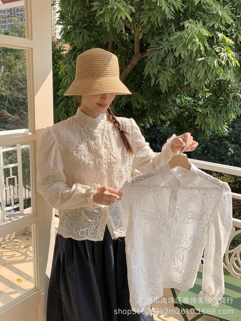 Elegant Women's Lace Crochet Stand Collar Shirt - Early Spring Slim Fit, Long Sleeve Design