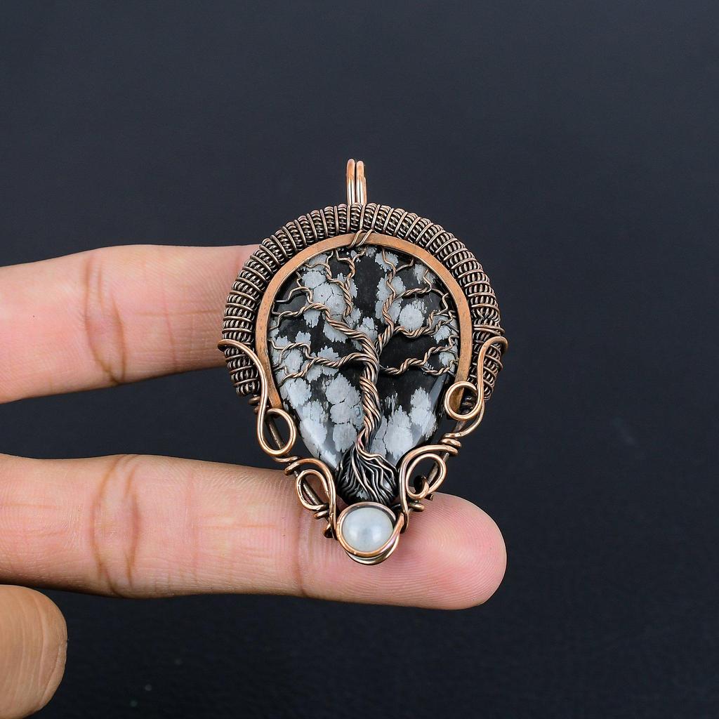 Tree Of Life Snowflake Obsidian Pendant, 999 Copper Wire Wrapped Gemstone Handmade Dainty Jewelry Pendant, For Her