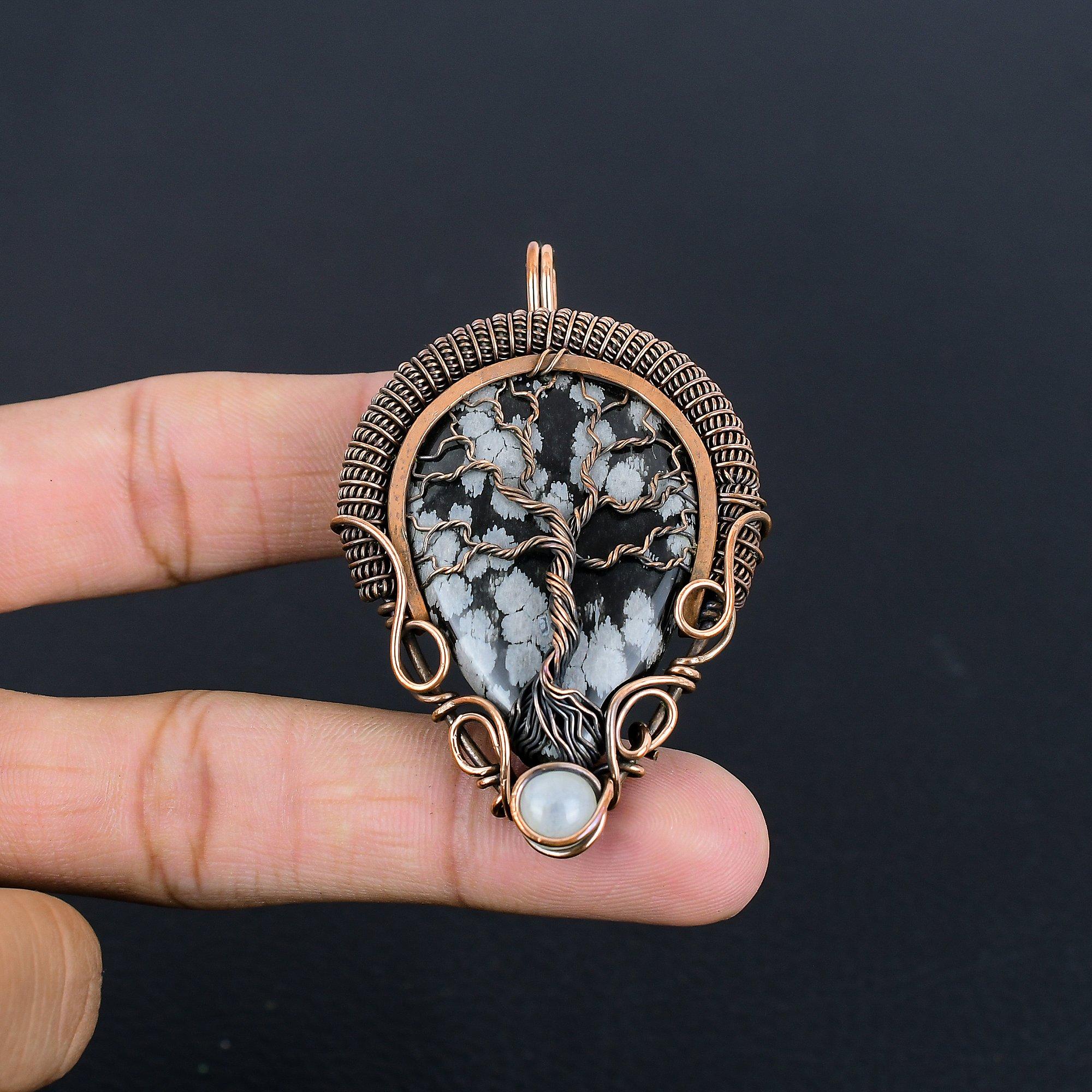 

Tree Of Life Snowflake Obsidian Pendant, 999 Copper Wire Wrapped Gemstone Handmade Dainty Jewelry Pendant, For Her 2.28 Inches