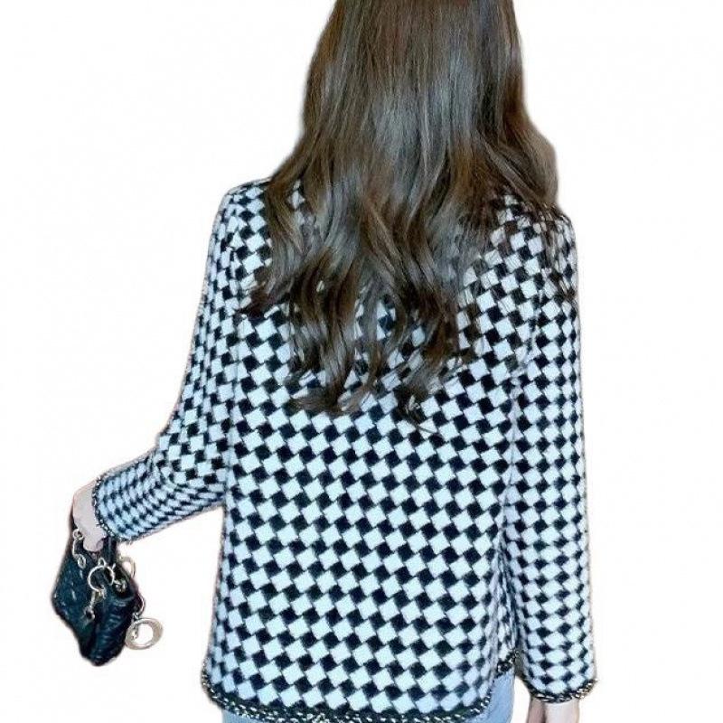 Xiaoxiangfeng Houndstooth Short Coat for Women Spring and Autumn New Style Small Style Long-sleeved Woolen Top