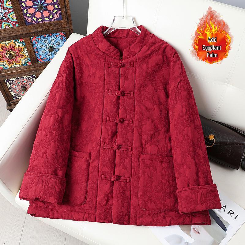 

Women s Plus Size Red Retro Jacquard Cotton Jacket with Stand Collar and Frog Buttons - Thickened and Warm for Autumn/Winter One size (fits 90-140 jin) красный