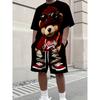 Men's Suit Features a Retro Teddy Bear Printed Round-neck T-shirt and Shorts, Knitted Polyester