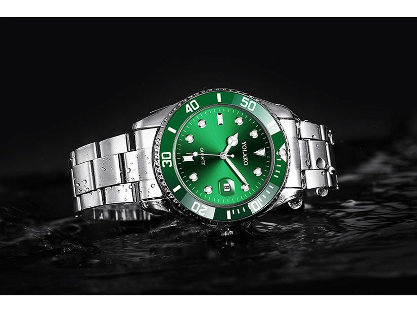 Herren High-End Grüner Wassergeist Quarz Uhr mit Kalender und Stahlband