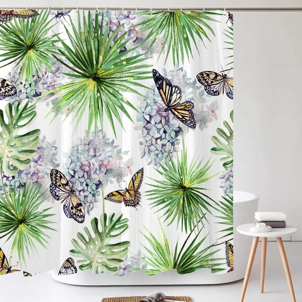 

Waterproof Shower Curtain With 12 Hooks Fresh Flowers Leaf Plant Printed Bath Curtains Polyester Cloth Bathroom Accessories W60H190(CM)-1 Pcs