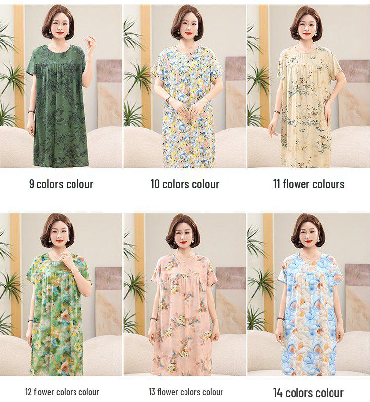 Summer Cotton Silk Knee-Length Floral Dress for Middle-Aged and Elderly Women - Short Sleeved, Lightweight, Plus Size, Loose Fit