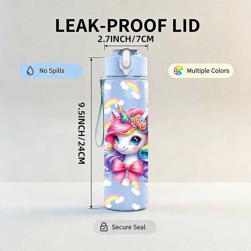 1PC Rainbow Unicorn Pastel Art 750ml Color Plastic Sports Water Bottle Leakproof Flip Straw Lid Suitable for Sports Office Home Use