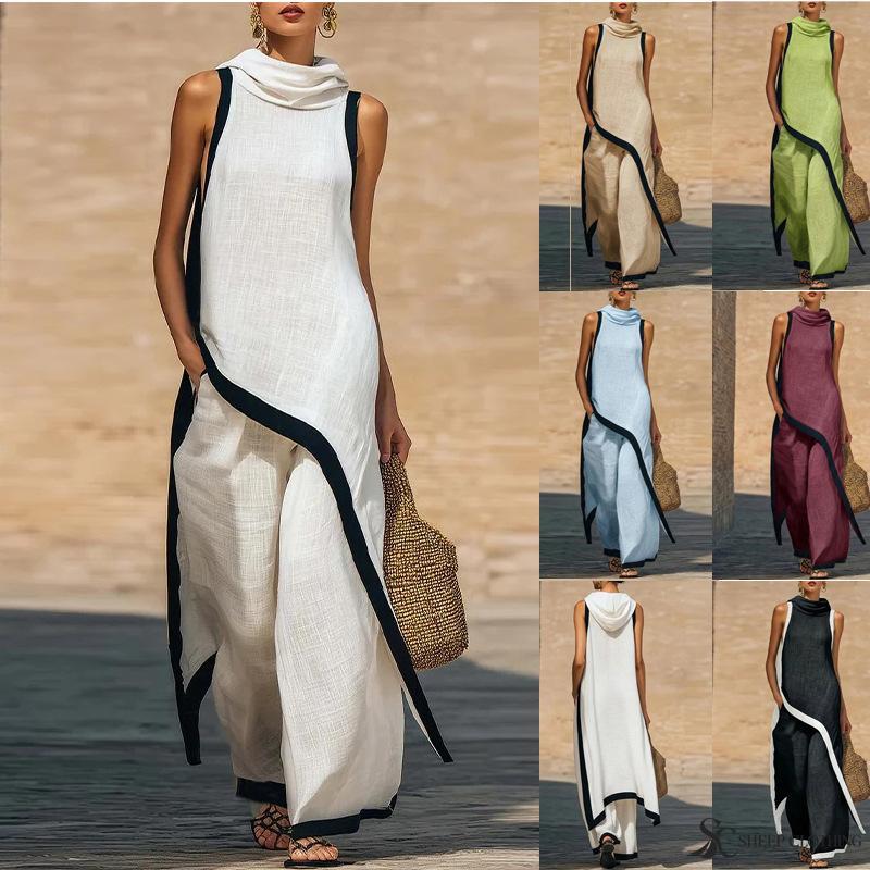 Women Color Block Two Piece Set Cowl Neck Sleeveless Asymmetrical Tunic Top Wide Leg Pants Casual Vacation Outfit