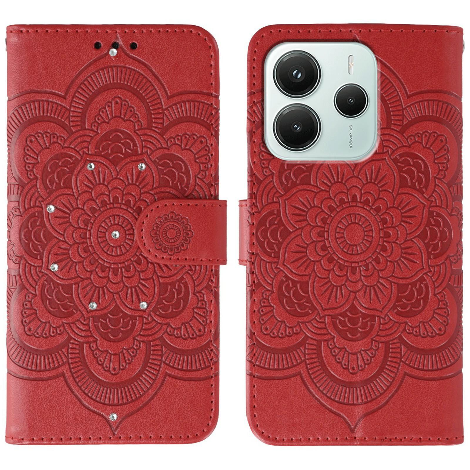 

Чехол для Xiaomi Redmi Note 14 5G/Poco M7 Pro 5G, украшенный стразами, из ПУ кожи, с дизайном с мандалой и ремешком на запястье Red