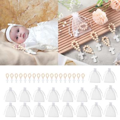 18Pcs Wooden Rosary Beads Bracelet Crosses Pendant with Mesh Bags Catholic Baptism Gift Great for Religious Rituals