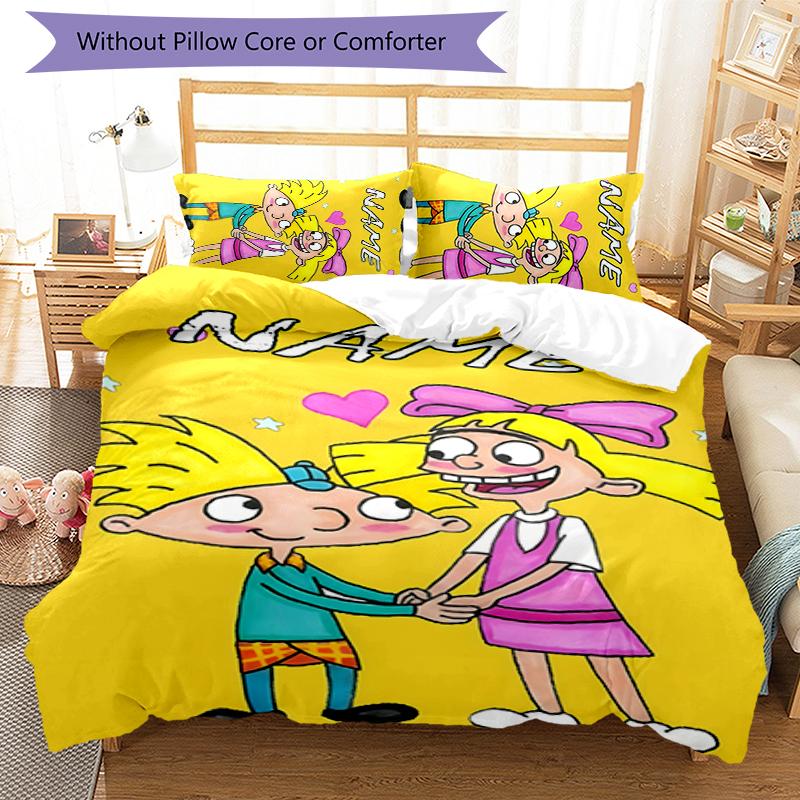 3pcs Custom Name Cartoon Hey Arnold Bedding Set Duvet Cover Closure Includes 1 Duvet Cover & 2 Pillowcases for All Seasons Bedroom Decor