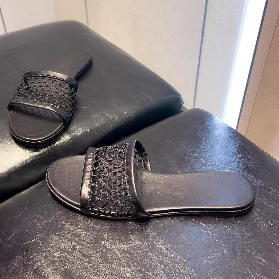 

Sheepskin version~ Korean version of fishing net surface hollow flat bottom one-word slippers women s wear 2025 new summer open-toed sandals 40 чёрный