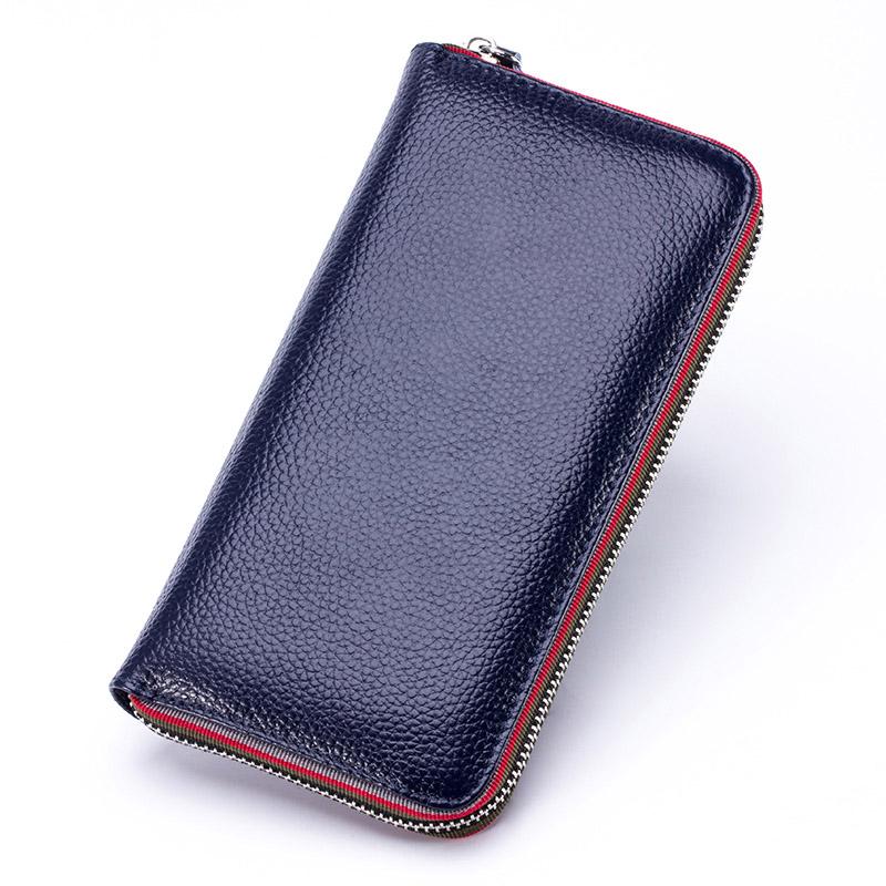 Genuine Leather Men Women Long Wallet Unisex Zipper Coin Purse Simple Design ID Credit Card Holder Phone Money Bag Solid Clutch