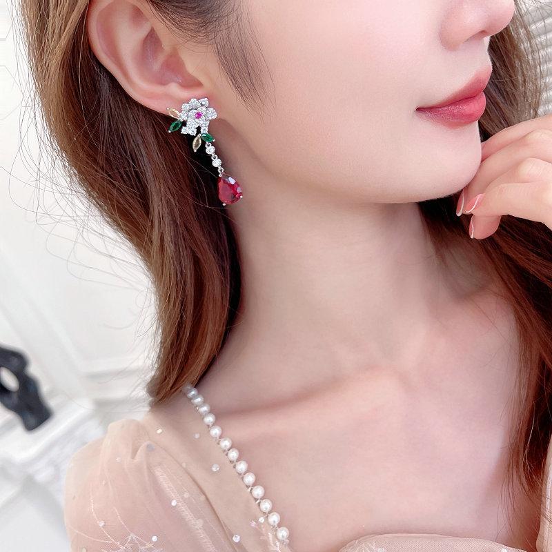 Camellia Flower With Leaves Long Tassel Water Drop Earrings Light Luxury Set With Zircon For Daily Wear Accessories
