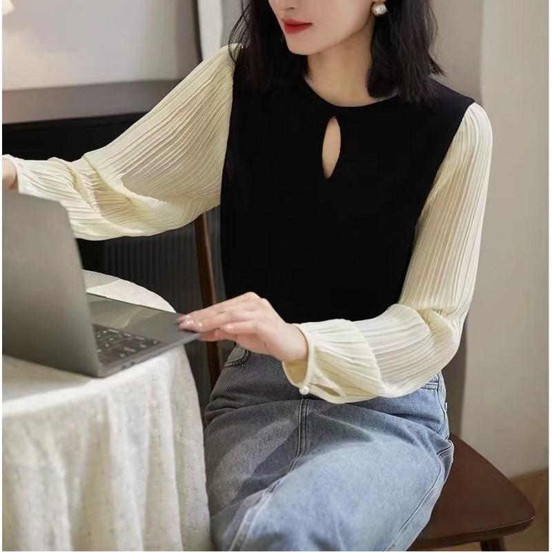 

Women s autumn new splicing pleated sleeve knitted sweater women s retro temperament long-sleeved top чёрный