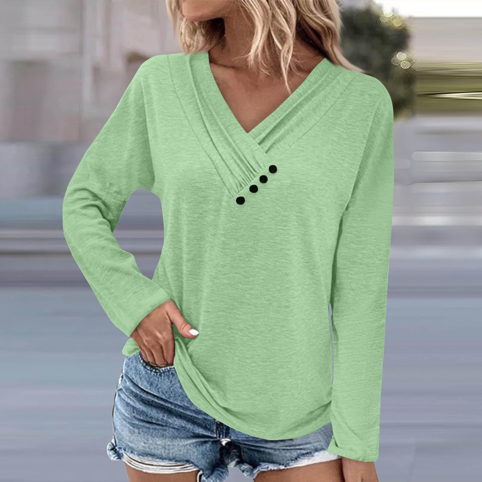 Women s Fashion Casual Color Chest Panel Ruched Button V Neck Long Sleeve Ladies Long Top L