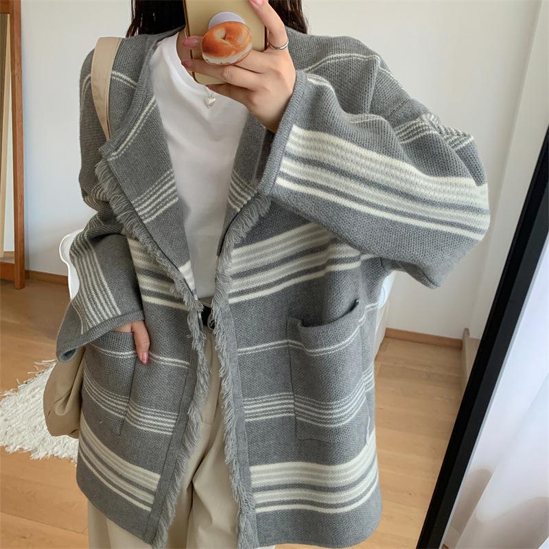 Lazy wind striped medium and long sweater autumn and winter new design sense fringed temperament knitted cardigan loose coat women