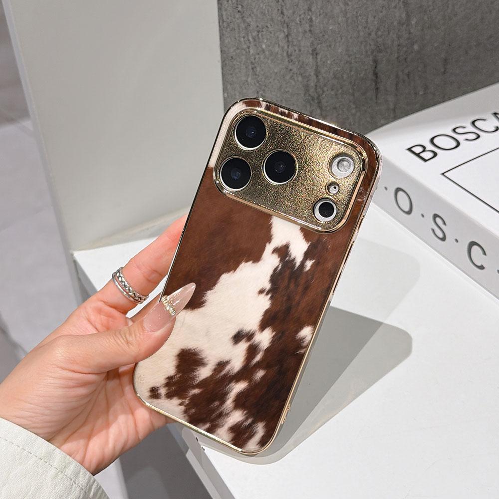 

Lucky Start Phone Case For iPhone 17 16 15 14 13 12 11 Pro Max 16E Gold Electroplated glass shell Brown & White Cowhide Cover IPHONE17PROMAX
