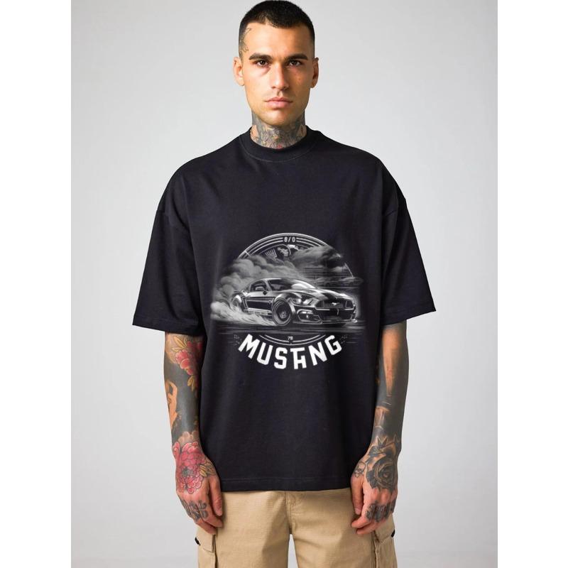 Herre Oversized T-skjorte Svart Mustang Bil Grafisk Trykk Streetwear Casual Klær