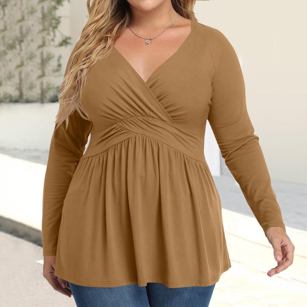Women's Plus Size Shirt Long Sleeve Solid Color Top Pleated Casual V-Neck Top