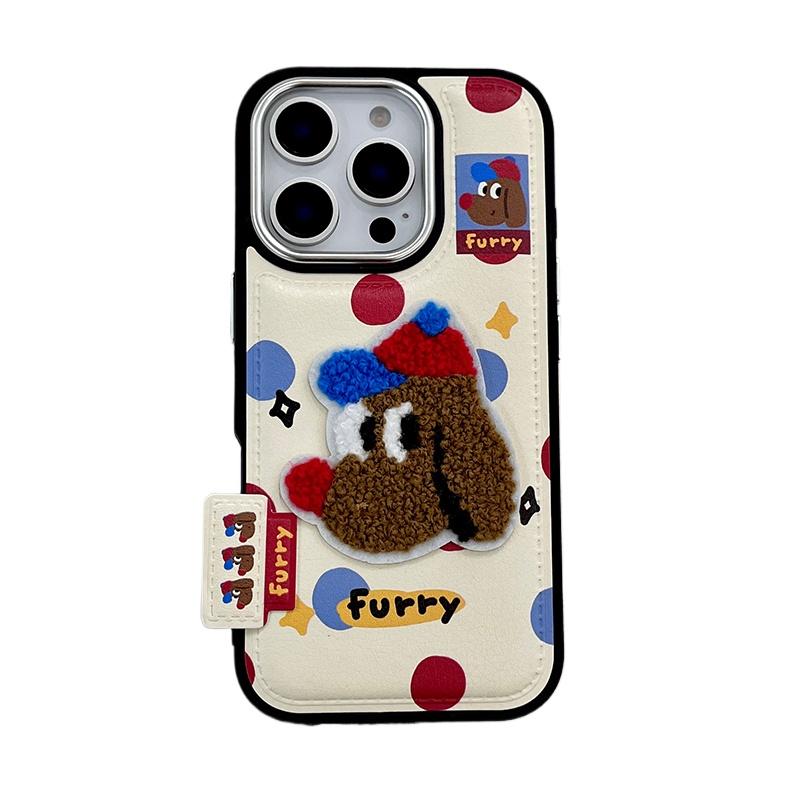 

Cute Cartoon Embroidery Bear Dog Leather Case For iPhone 13 14 15 16 17 Pro Max Lovely Soft Silicone Phone Cover iPhone17 Pro