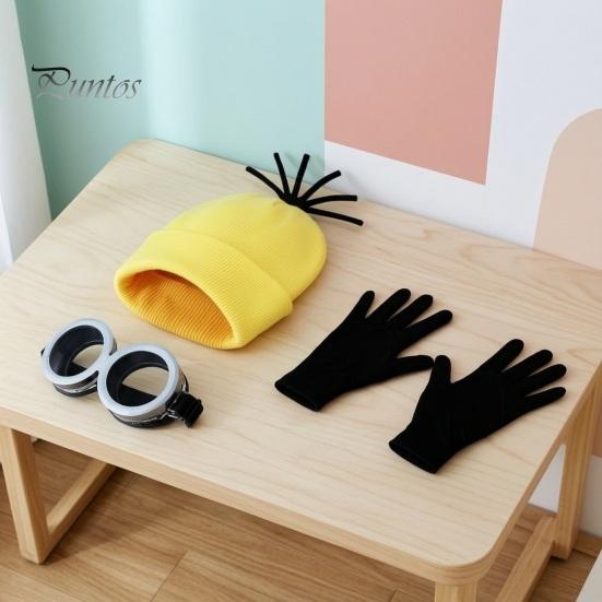 Photo Shoot Cosplay Props 3Pcs Halloween Costume Accessories, Yellow Knitted Hat Steampunk Goggles Warm Breathable Gloves Adults Party Set for