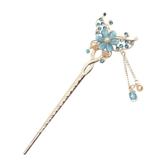Miaomyao Hair Stick Kanzashi - Antique Flower Design, Pink Gold & Blue with Zirconia - Elegant Hair Accessory for Kimono, Yukata, Parties & Special