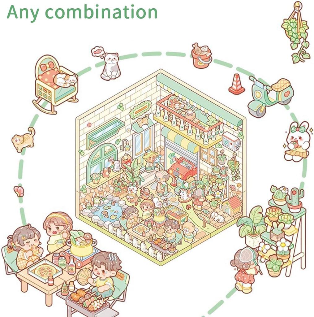 Set of 6 3D House Scene Stickers DIY Miniature House Craft Kit for Kids and Perfect for Killing Time (with tweezers) - Adults, (Style 3)