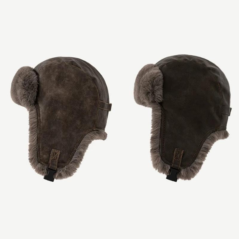 Lei Feng Hat Women's Autumn and Winter Thickened Warm PU Leather Plush Hat Outdoor Skiing Cold Ear Protection Hat Flying Hat