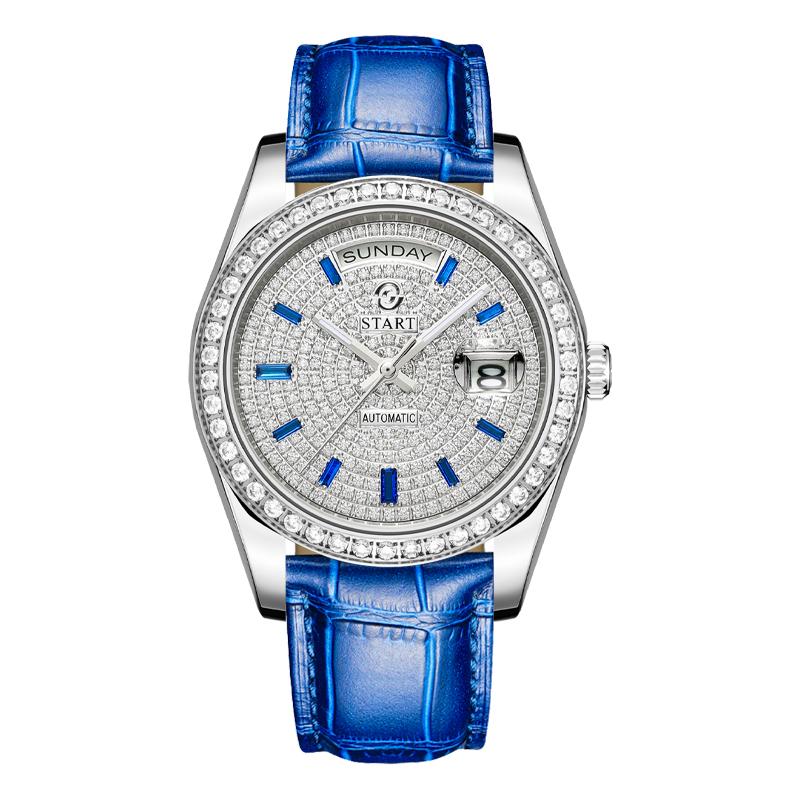 Start Gypsophila-Uhr, modische Herrenuhr, Diamant-Zifferblatt, automatische mechanische Uhr, Lederuhr, wasserdicht, Datums- und Wochenfunktion