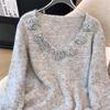 Pink Flower V-Neck Sweater - Plus Size, Mid-Length for Chubby Women, Fall/Winter 2024