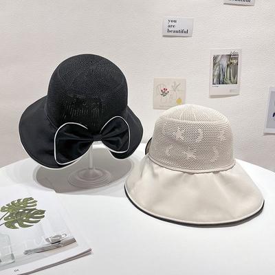 Bow Decor Bucket Hat Color Block Wide Brim Hats Summer Breathable Sunscreen Fisherman Hats Suitable for Seaside Travel