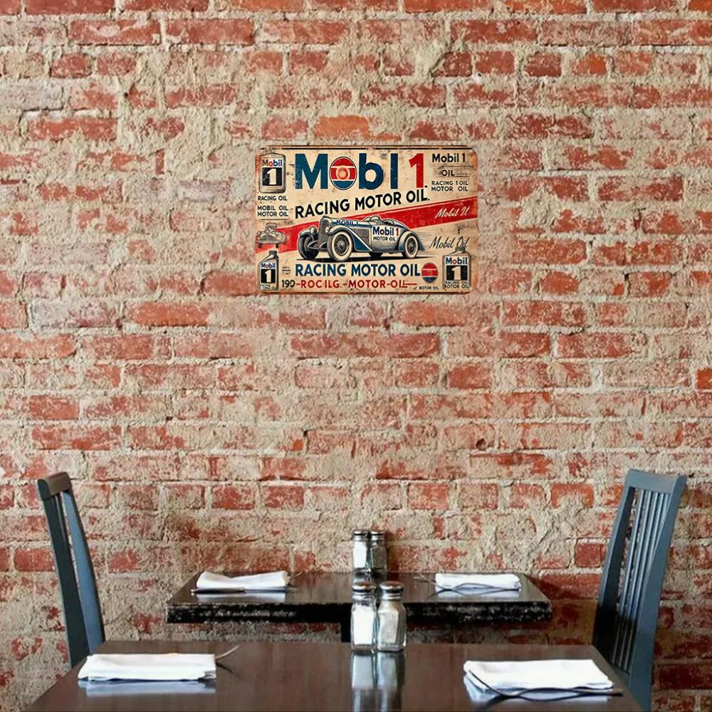 2D Flat, Vintage Mobil 1 Racing Motor Oil Metal Tin Sign - Rustic Iron Wall Art with Classic Car Design, Red & White Retro Decor