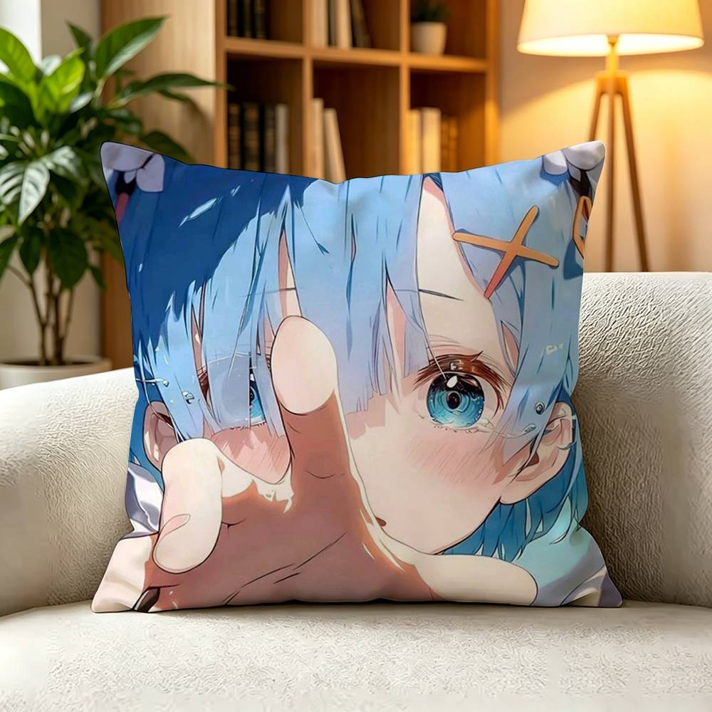 RReZERO Rem Blue Hair Oni Girl Square DoubleSided printed Pillow Case Bedroom Bedside Pillow Sofa Cushion Cover