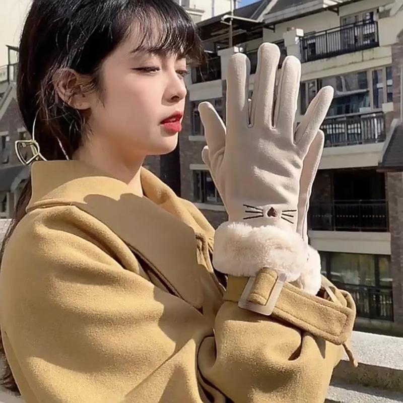 Autumn Winter Warm Suede Gloves Plus Velvet Thickened Plush Decor Cuff Gloves Outdoor Coldproof Touchscreen Riding Ski Gloves