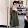 Women Retro Pockets A Line Long Skirt Ladies Casual Loose Elastic High Waist Midi Skirt Spring Summer Skirt