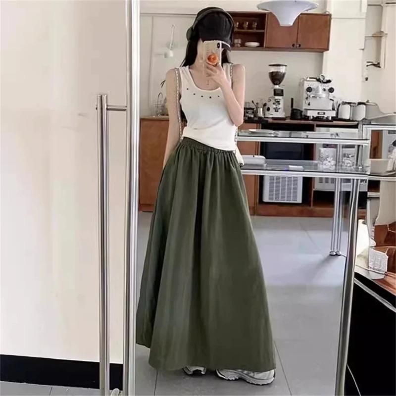 Women Retro Pockets A Line Long Skirt Ladies Casual Loose Elastic High Waist Midi Skirt Spring Summer Skirt
