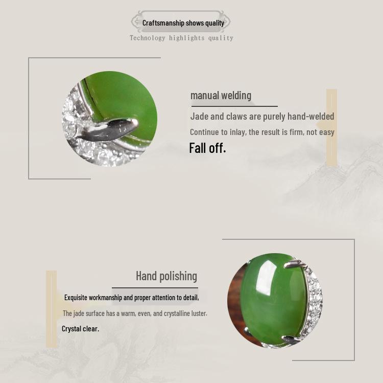Vintage 925 Silver Hetian Jasper Cabochon Pendant Necklace with Certified Natural Green Jade