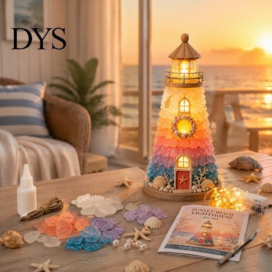 Coastal Inspired Ornaments Sea Glass Lighthouse DIY Kit, 3D Light Up Fragment Art Supplies Craft Lighted Ornament for Adults, Home Table Decoration