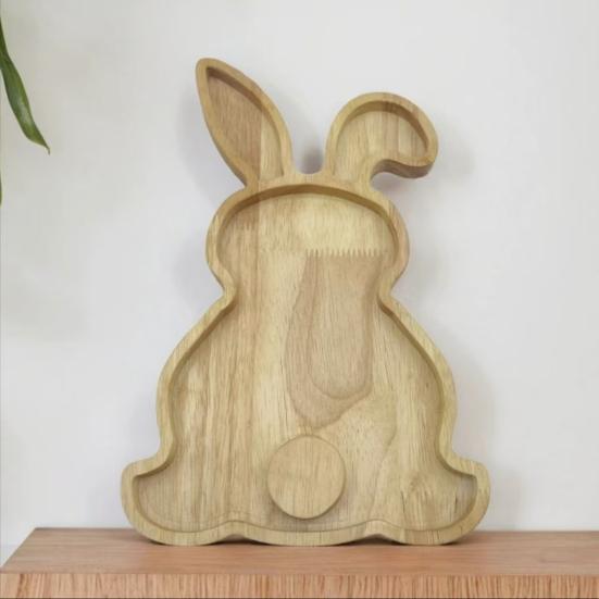 Easter Bunny Serving Tray Rustic Rectangular Platter for Snacks Meals Stackable Wood Dinner Plate for Home Kitchen Party Picnic