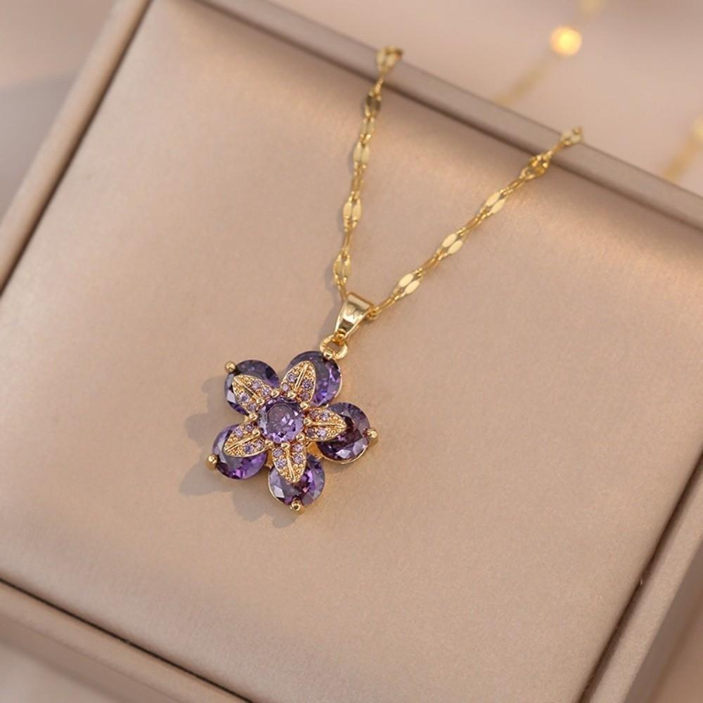 Shiny Zircon Pendant Necklace Crystal Petal Gold Necklace Gifts Rotatable Flowers Choker Wedding