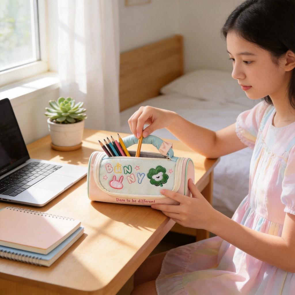 Oxford Cloth Cute Clover Pencil Case With Embroidery Large Capacity For Students And Office