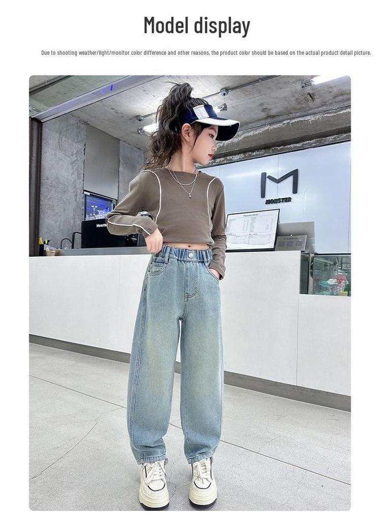 2025 Girls' Spring-Autumn Straight Wide-Leg Jeans: Long Pants for Big Kids