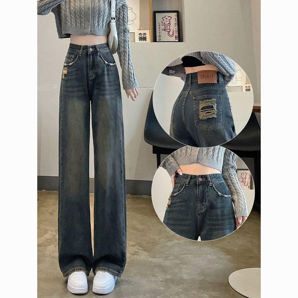Retro Cement Gray High Waist Plus Size Ripped Slimming Straight-Leg Trousers for Spring and Autumn