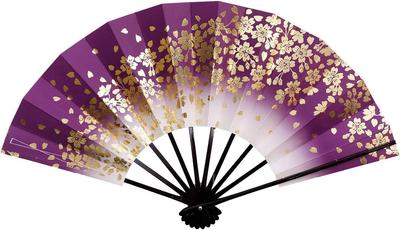 Dance Deep Gold Cherry Blossom Black Lacquered [Haru Kasumi] Fan, 9.5 Inches, Gradient, Design, Bamboo, Red, Black, Purple, 1305-1306-1307 (Purple)