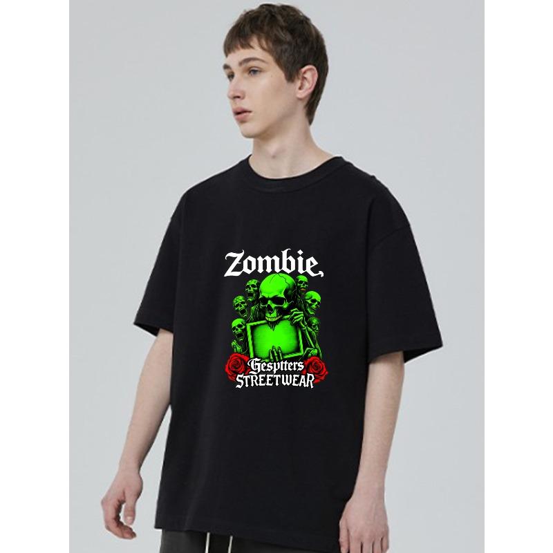 Zombie Streetwear Black T-Shirt With Green Skull And Rose Graphic For Casual Wear