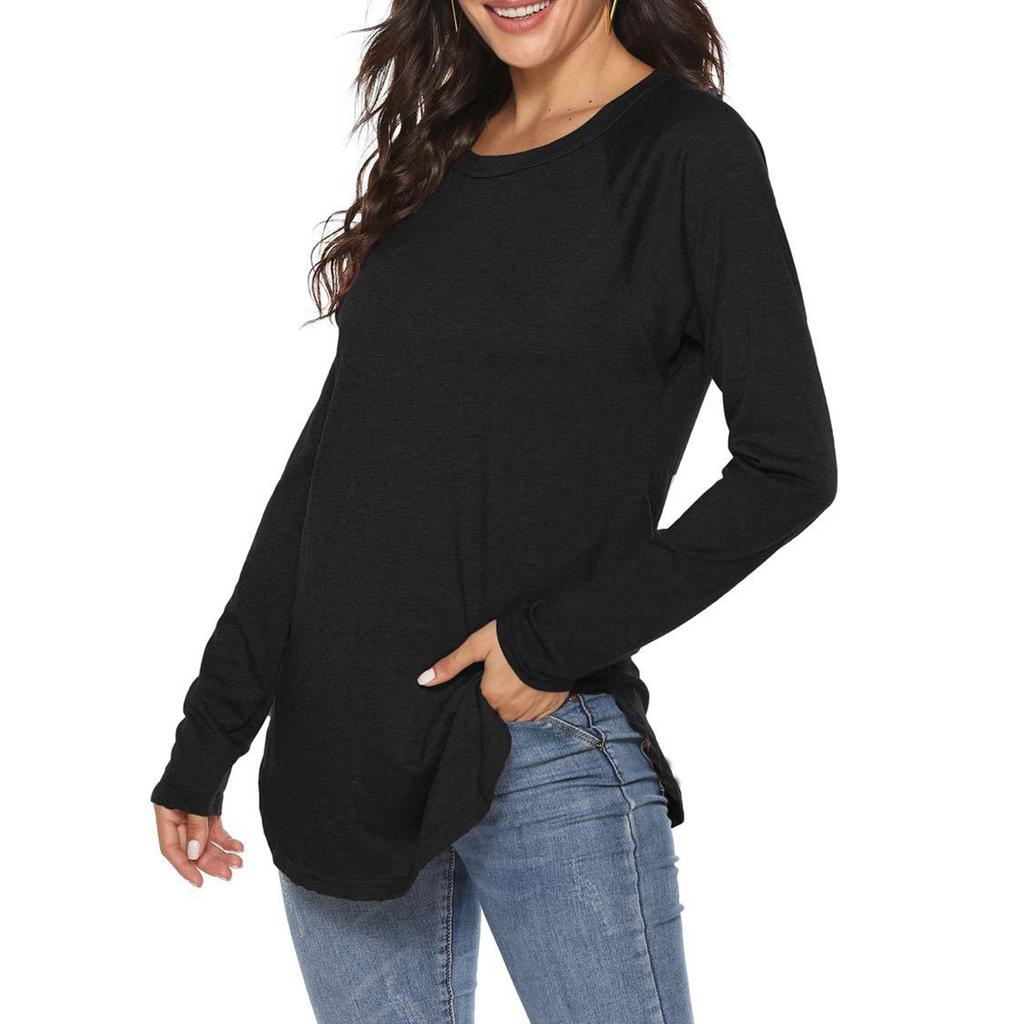 Women's Fashion Long Sleeve T-shirt Round Neck Basic Loose Waist Top