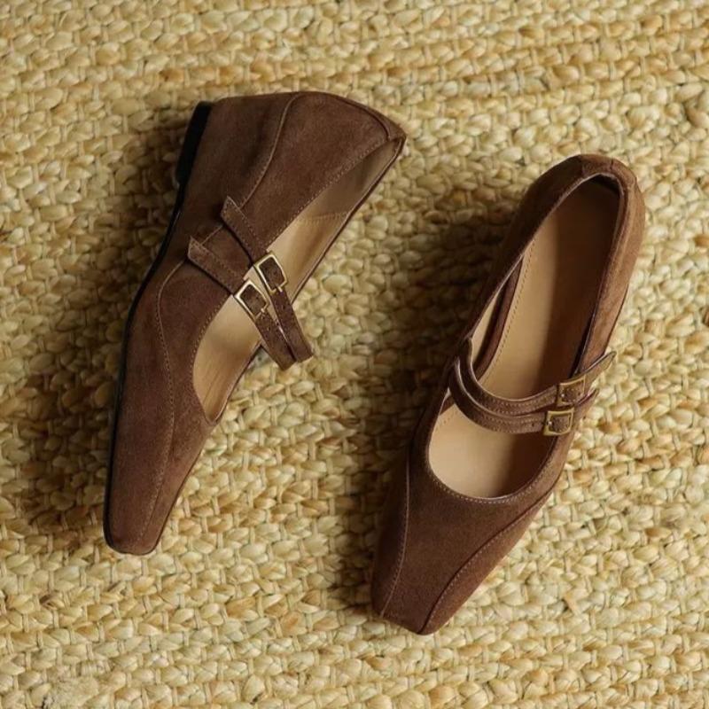 New Inside Heightened Single Shoes Women's Square Toe Shallow Mouth Double Buckle Lace-Up Mary Jane Single Shoes