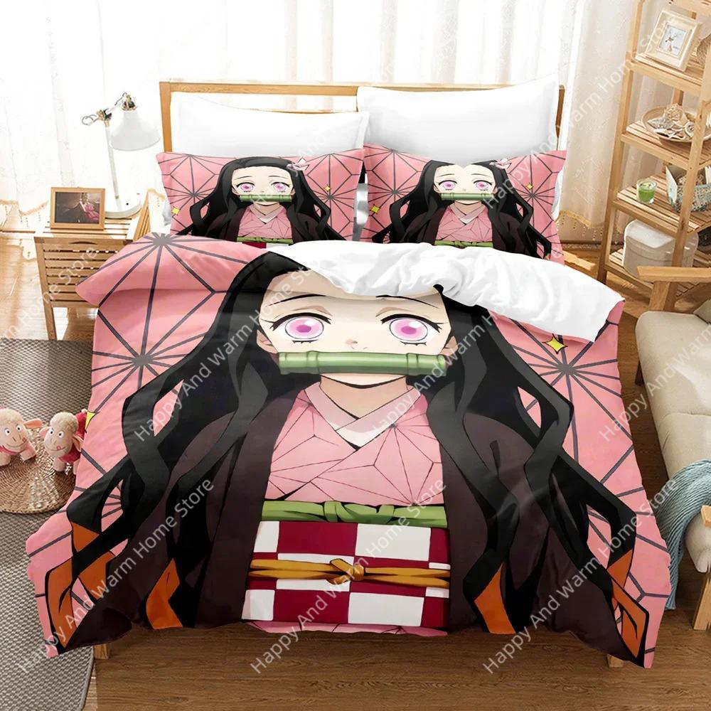 Anime Demon Slayer Beding Set Nezuko Kamado Soft Duvet Cover Warm Comforter Bed Linen Single Twin Ful Quen Sized Dimensions 3d Girl Young Boys Gift